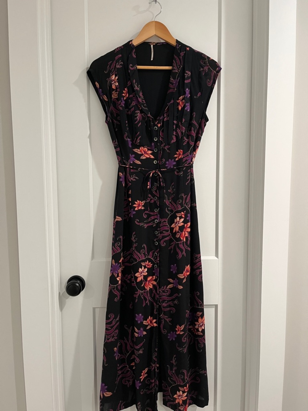 Free People Black Floral Maxi Dress with Coral and Purple Accents